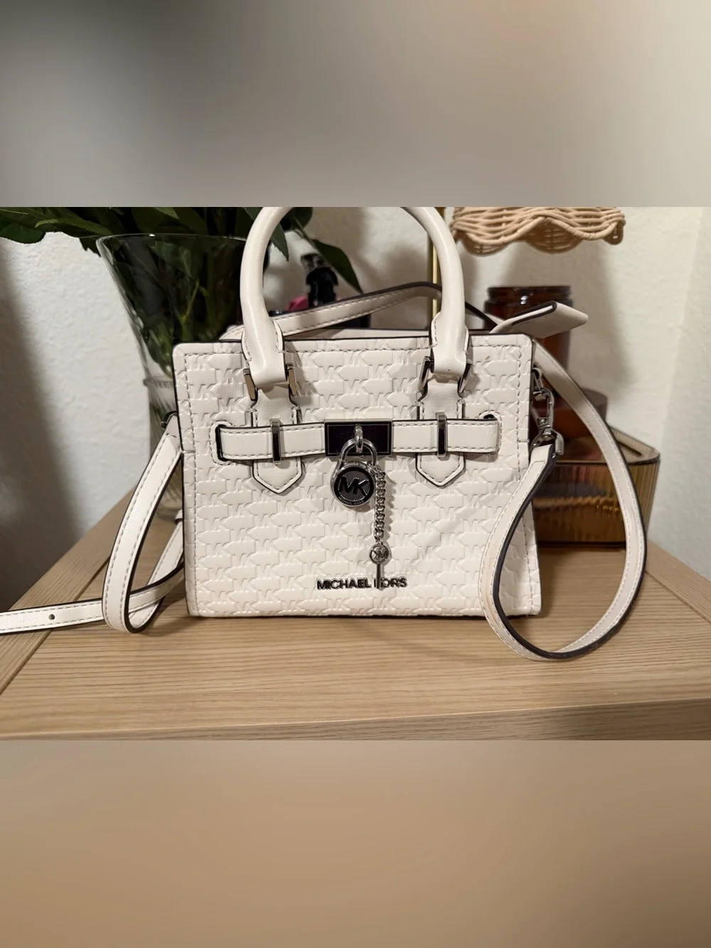 Michael Kors White Logo-Embossed Satchel with Silver Hardware